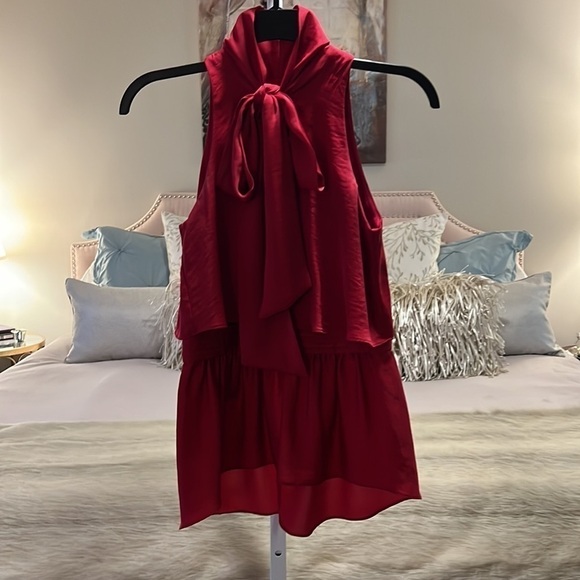 BCBGMAXAZRIA Red Celline XXS Sleeveless Pussycat Bow High Waist Peplum Blouse - Picture 6 of 14